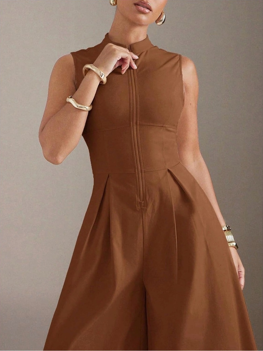 Wide-Leg Brown Women's Jumpsuit - Picture 5 of 5